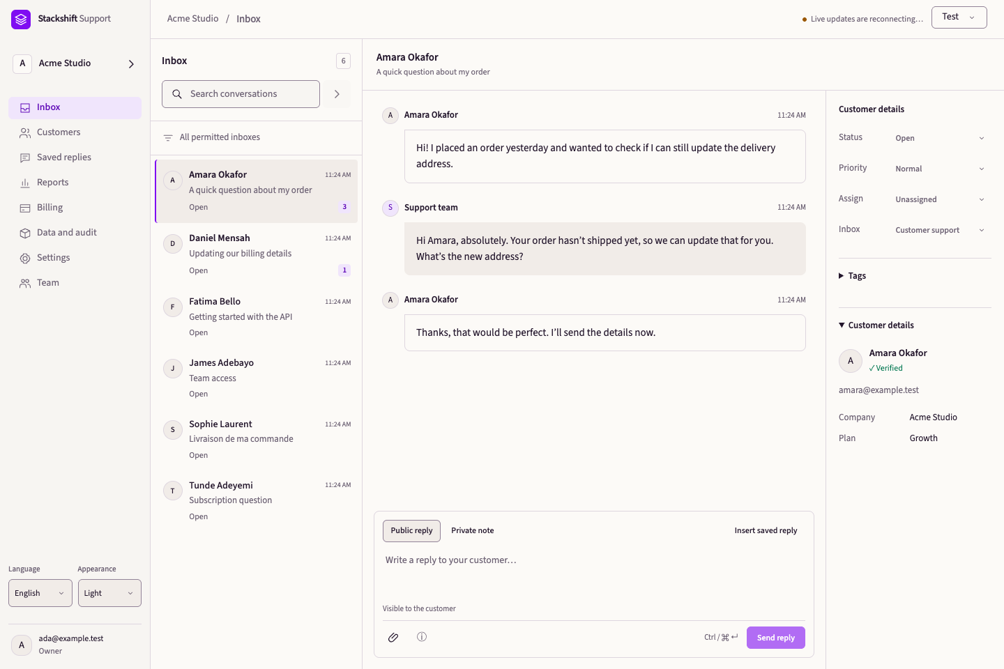 Support inbox showing a customer conversation and the team's reply composer.